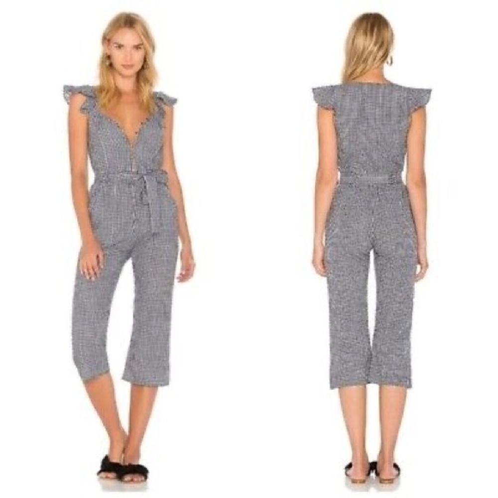 For Love And Lemons - Gingham Jumpsuit with Ruffled Sleeves and Tie Waist